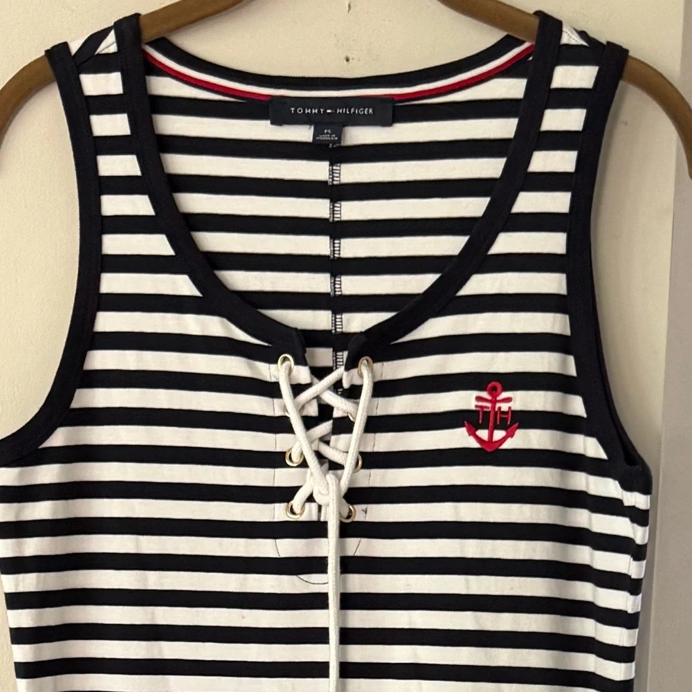 Tommy Hilfiger Navy Blue White Striped Maxi Dress Tank Dress Cotton Nautical Sm